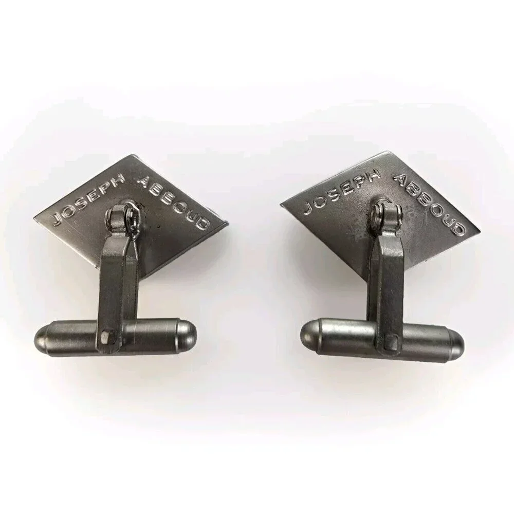 VTG JOSEPH ABBOUD Silver Tone Metal Men Cufflinks Logo Diamond Shape Hinged Back
